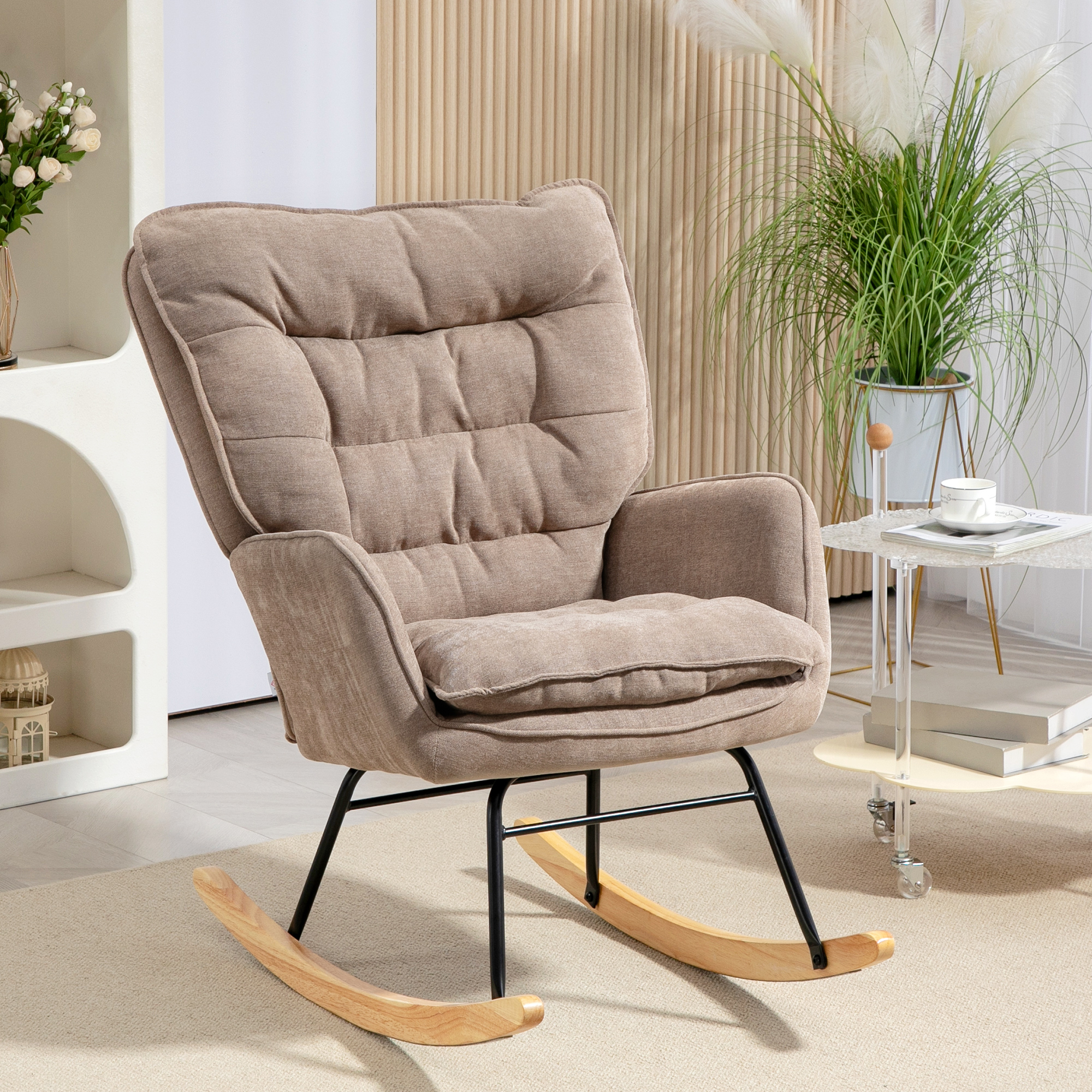 HOMCOM Schommelstoel met Brede Zit en Hoge Rugleuning, Frame van Beukenhout, tot 120 kg, Bruin