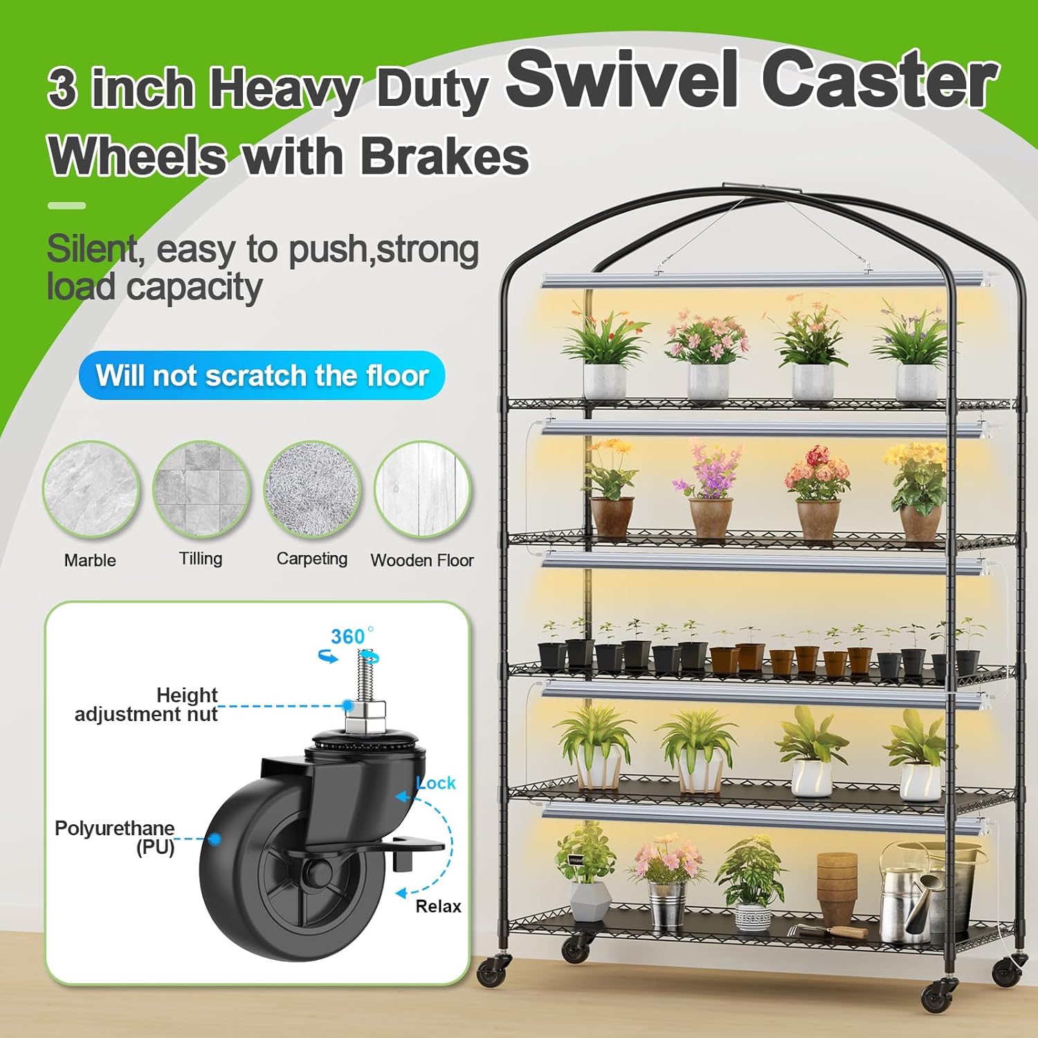 Abimars 5-Tier Greenhouse with Grow Light  Shelf Height Adjustable Metal Plant Shelf with PVC Cover and Wheels  Includes 5-Pack 2900K Full Spectrum Plant Lights  21x49x80inch