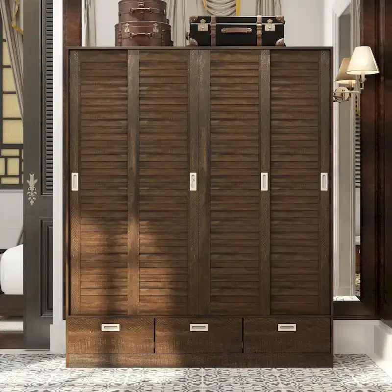 Closet Cabinet Wardrobe Armoire with Drawers, Hanging Rod Brown