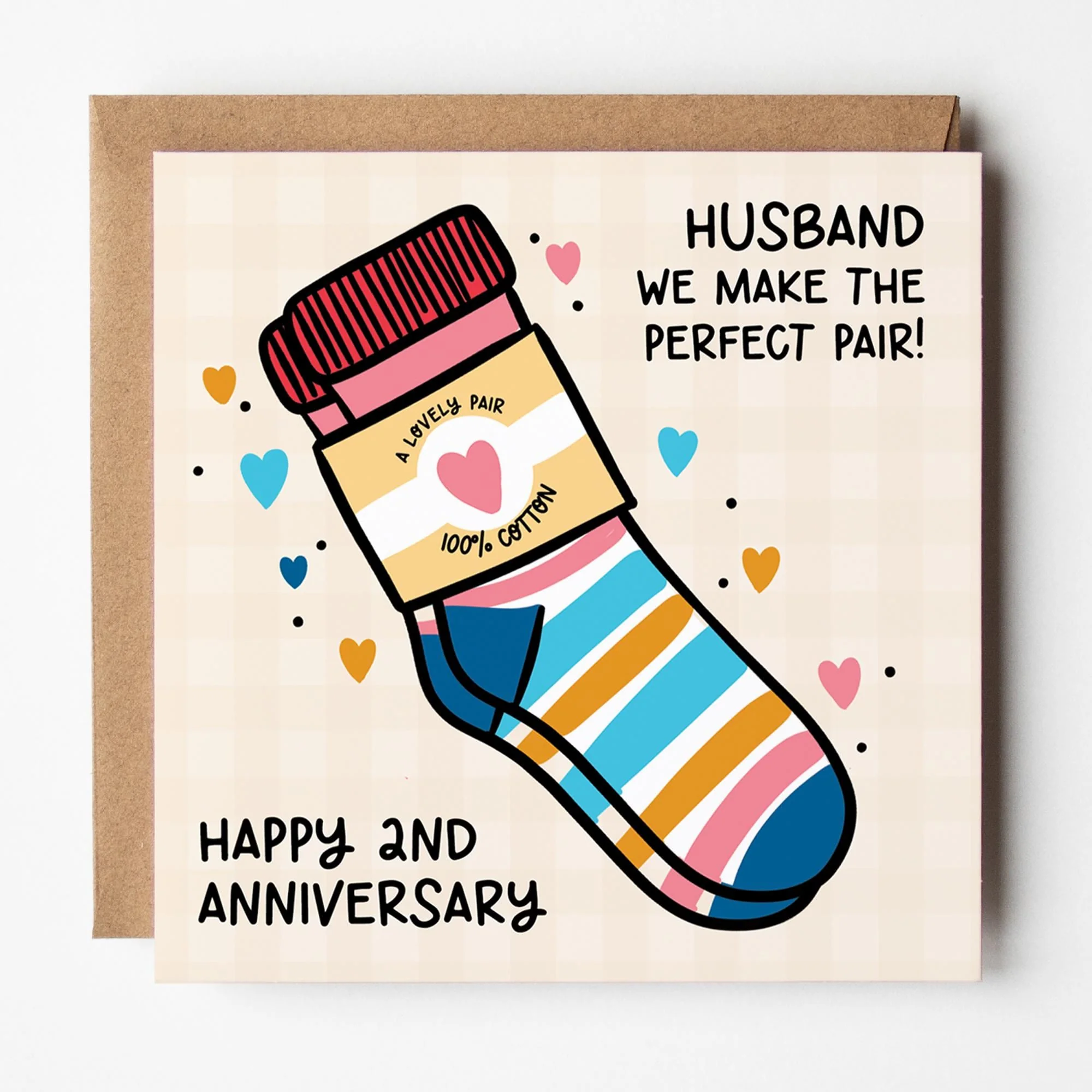 Husband 2nd Anniversary Card: Cotton Anniversary; Perfect Pair Socks design with Kraft envelope