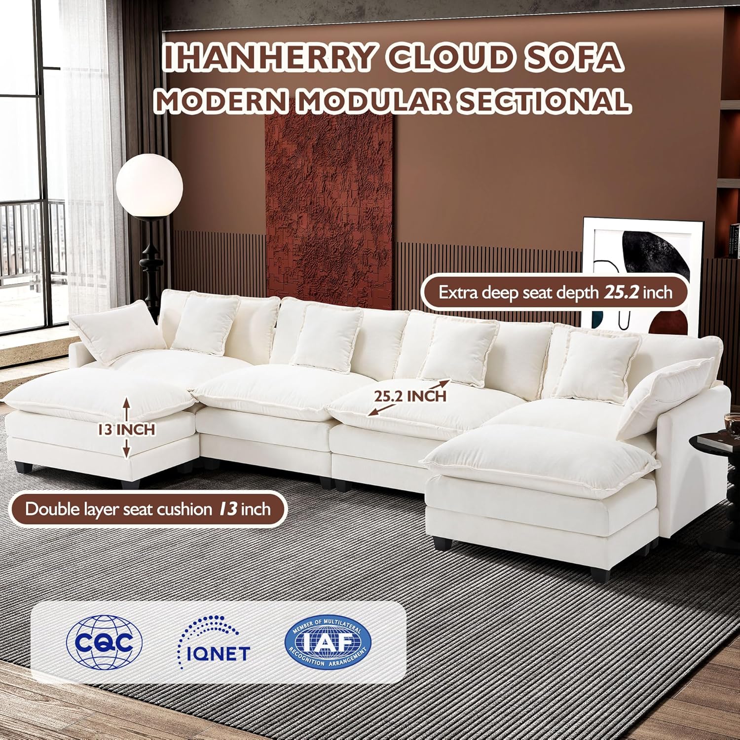 111.4 Inch L-Shaped Modern Sofa Modular Cloud Sofa Ottoman 4-Seater Chenille Deep Seat Sofa