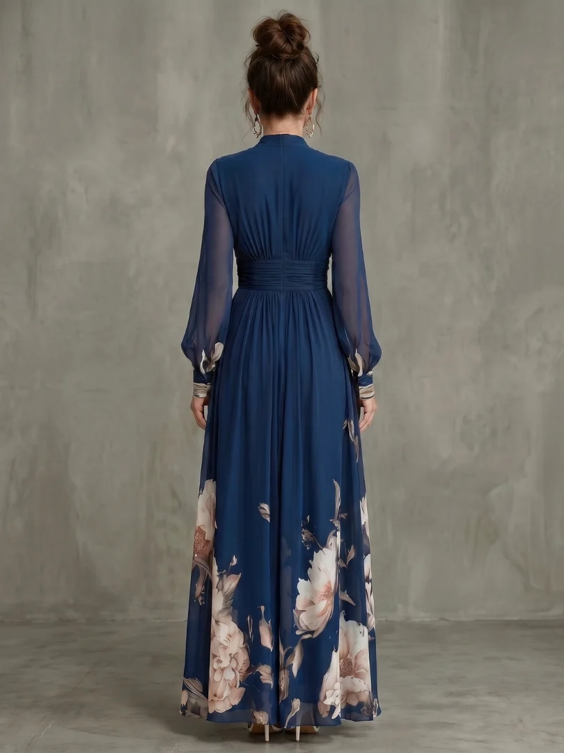 Women��s Maxi Dress Pleated Sheer Sleeves and Defined Waist