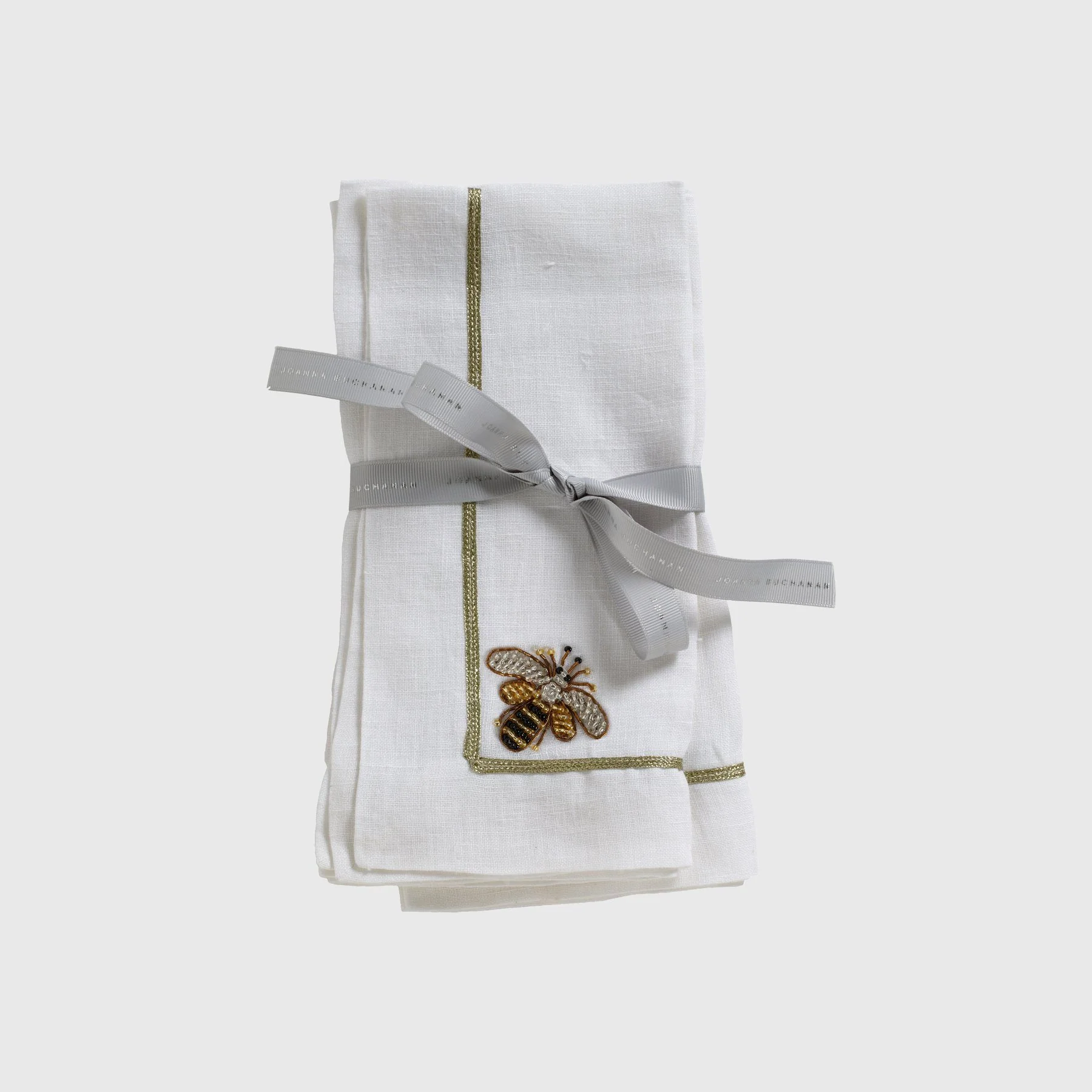 Stripey Bee Linen Dinner Napkins, White, Set of 2