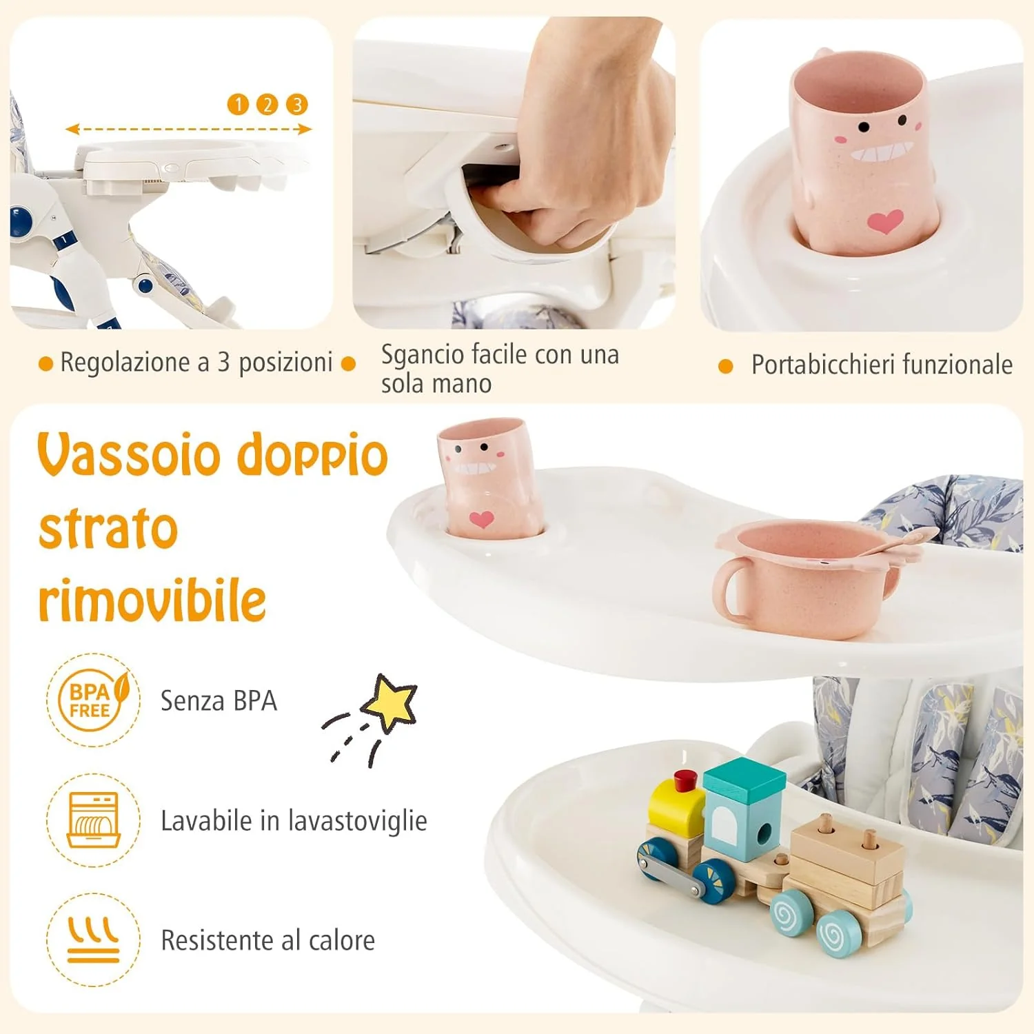 Seggiolone Pappa per Bambini e Neonati, Seggiolone Pieghevole Multifunzione con Ruote, Altezza Regolabile, Poggiapiedi e Schienale, Vassoio Rimovibile, per 6-36 Mesi (Blu)
