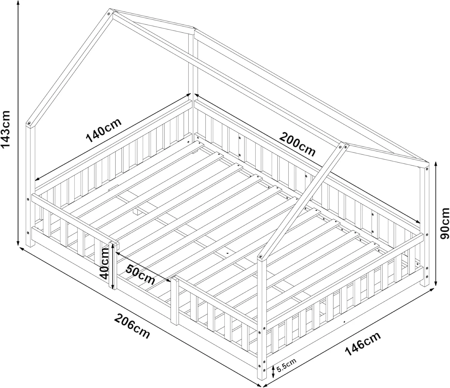 [en.casa] Letto per bambini Sisimiut a capanna 80 x 160 cm con protezione anticaduta letto in legno per bambini letto a terra rete a doghe in legno di pino Bianco opaco
