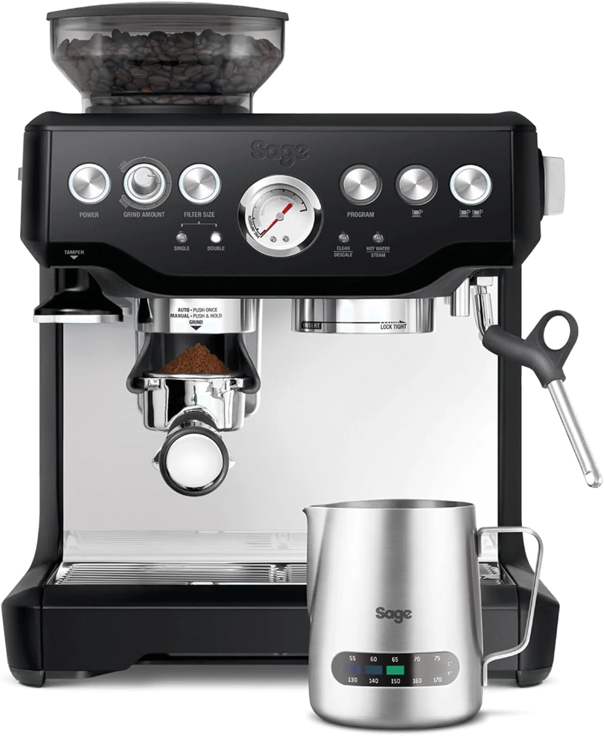 Sage - The Barista Express - Professional Coffee Maker with Manual Milk Frother and Integrated Grinder - Customizable Microfoam - Stainless Steel, Temperature Control Pitcher