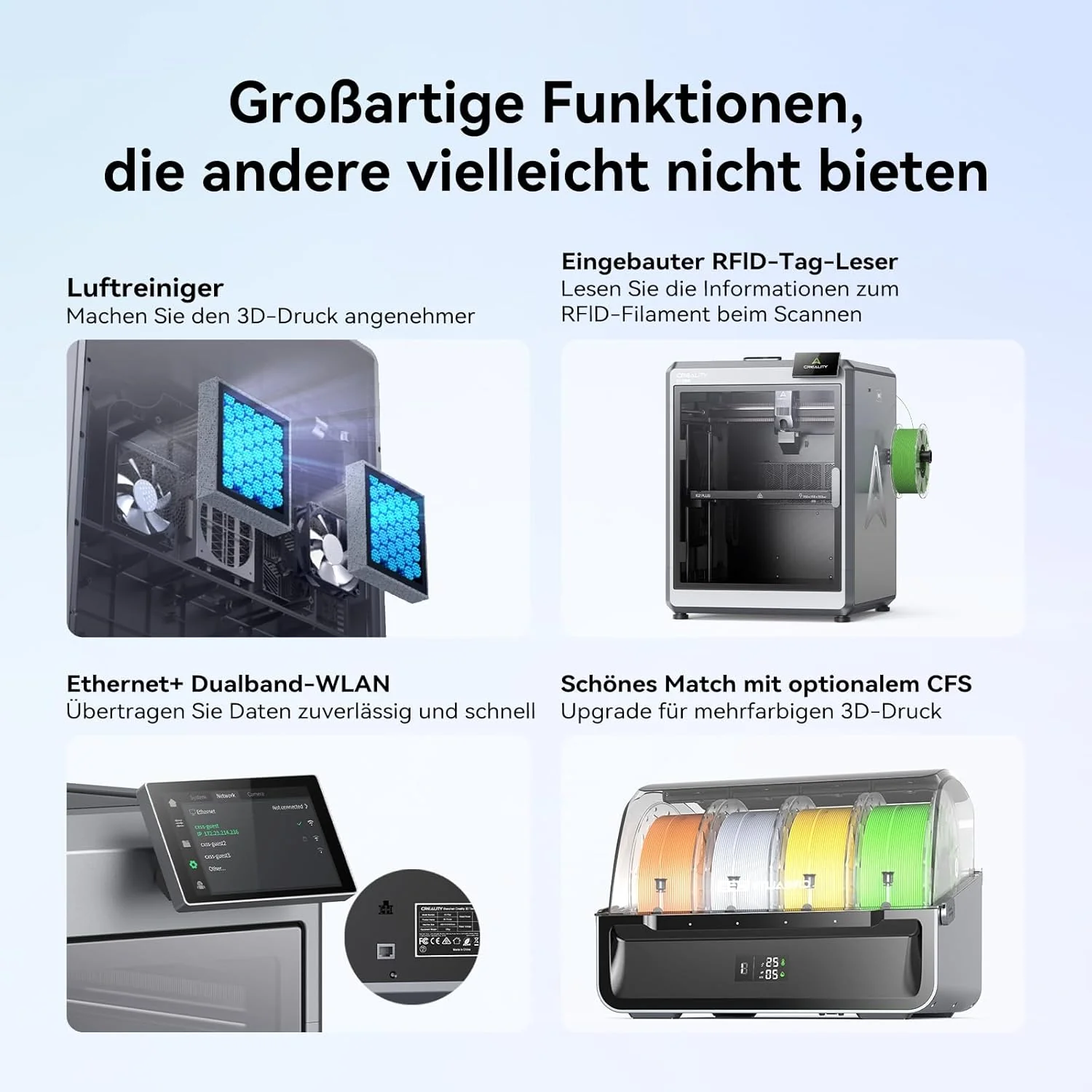 Creality K2 Plus Combo 3D-Drucker, 16-Farben Multimaterial-Druck, 350³mm XXL-Bauraum, Servo-Direktantrieb, Dual-KI-Kameras, Ultra-Leise