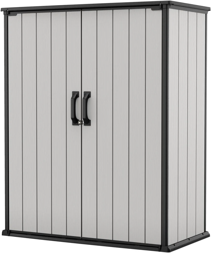 Keter Premier Tall 4.6 x 5.6 ft. Resin Outdoor Storage Shed with Shelving Brackets for Patio Furniture, Pool Accessories, and Bikes, Grey & Black