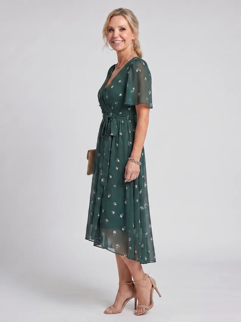 Womena??s Floral Midi Dress with Flutter Sleeves and Gathered Waist