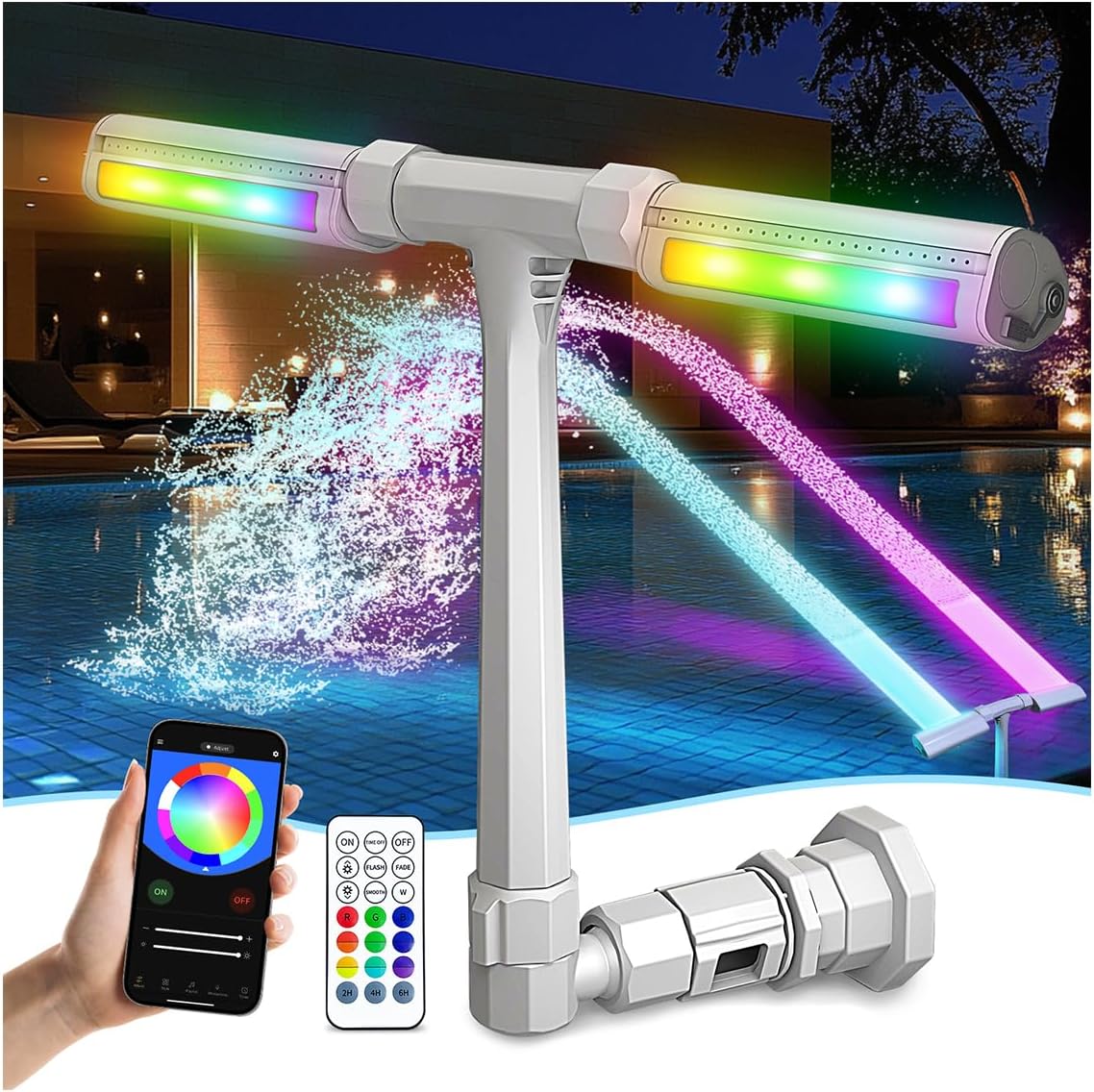 Poolbrunnen 16-farbige LED-Lichter, 12 Modi, oberirdischer Poolbrunnen mit APP-Fernbedienung, Poolsprinkler zur Entspannung, oberirdisches Pool-Kühlsystem