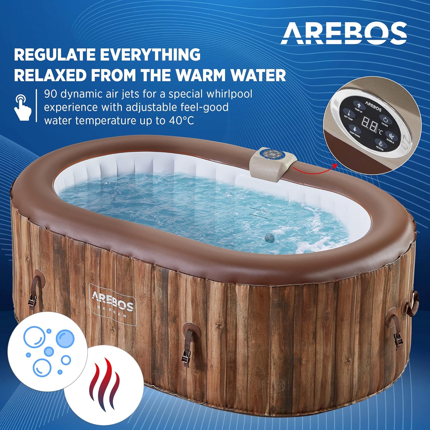 Arebos jakuzzi | Felfújható | Beltéri és kültéri | 190x120 cm ovális | 2 személyes | 90 masszázsfúvóka | Fűthető | 550 liter | Takaróval együtt | Pezsgőfürdő és wellness masszázs