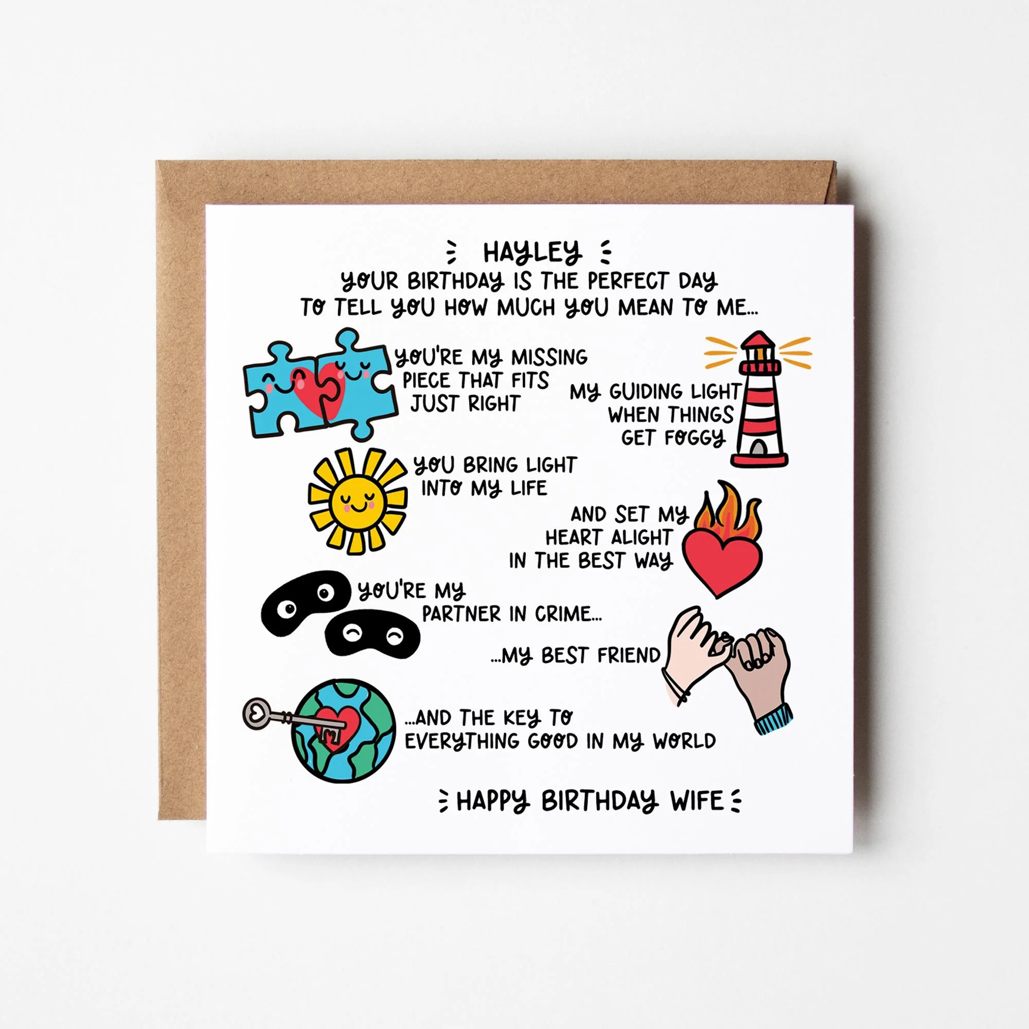 Personalised Sentimental Birthday Card For Wife: Heartfelt Illustrations, Romantic Words, Kraft Envelope