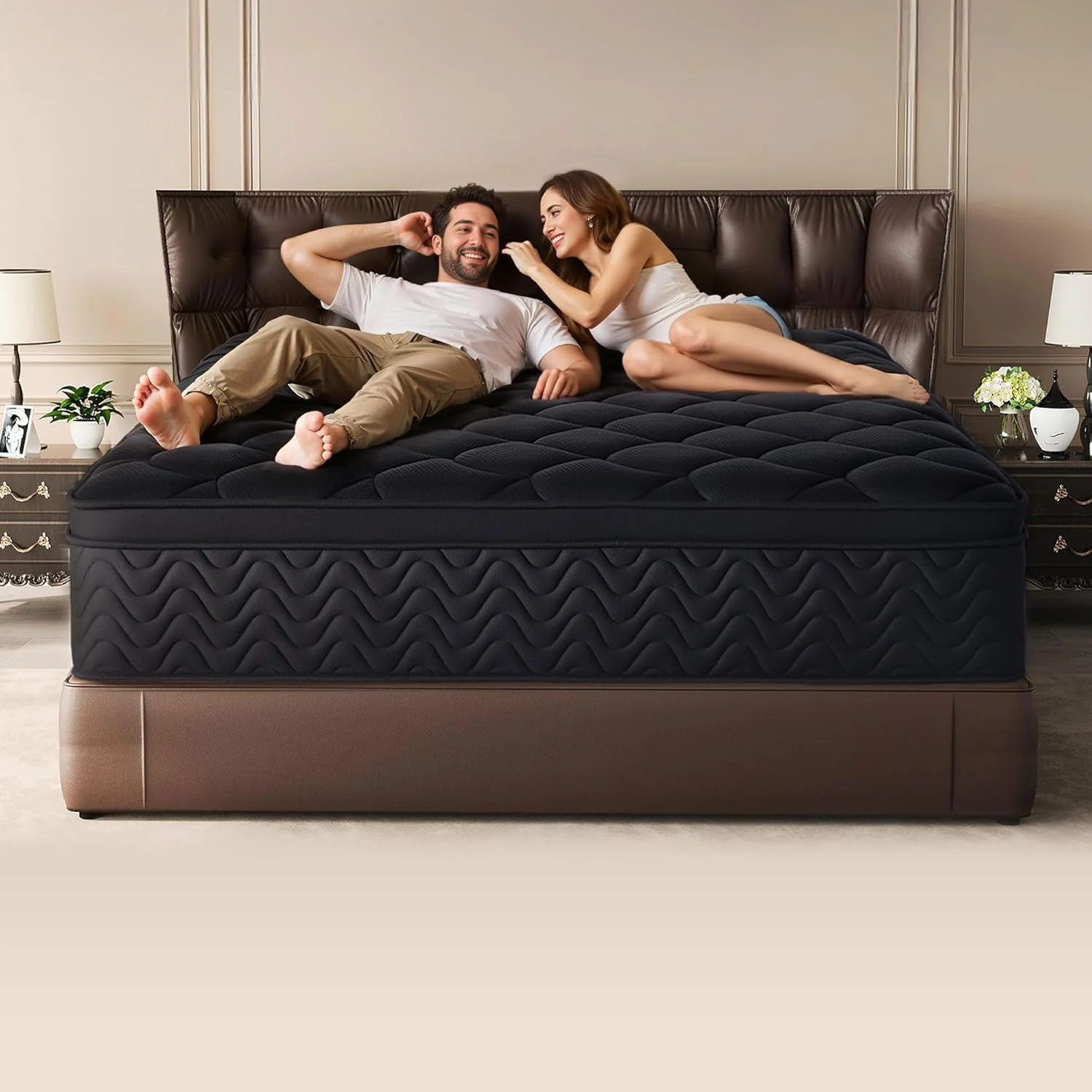 Premium 12 Inch King Mattress - Black Diamond Quilted, Individual Pocket Spring & Memory Foam Top, Cooling & Pressure Relief, Bed in a Box