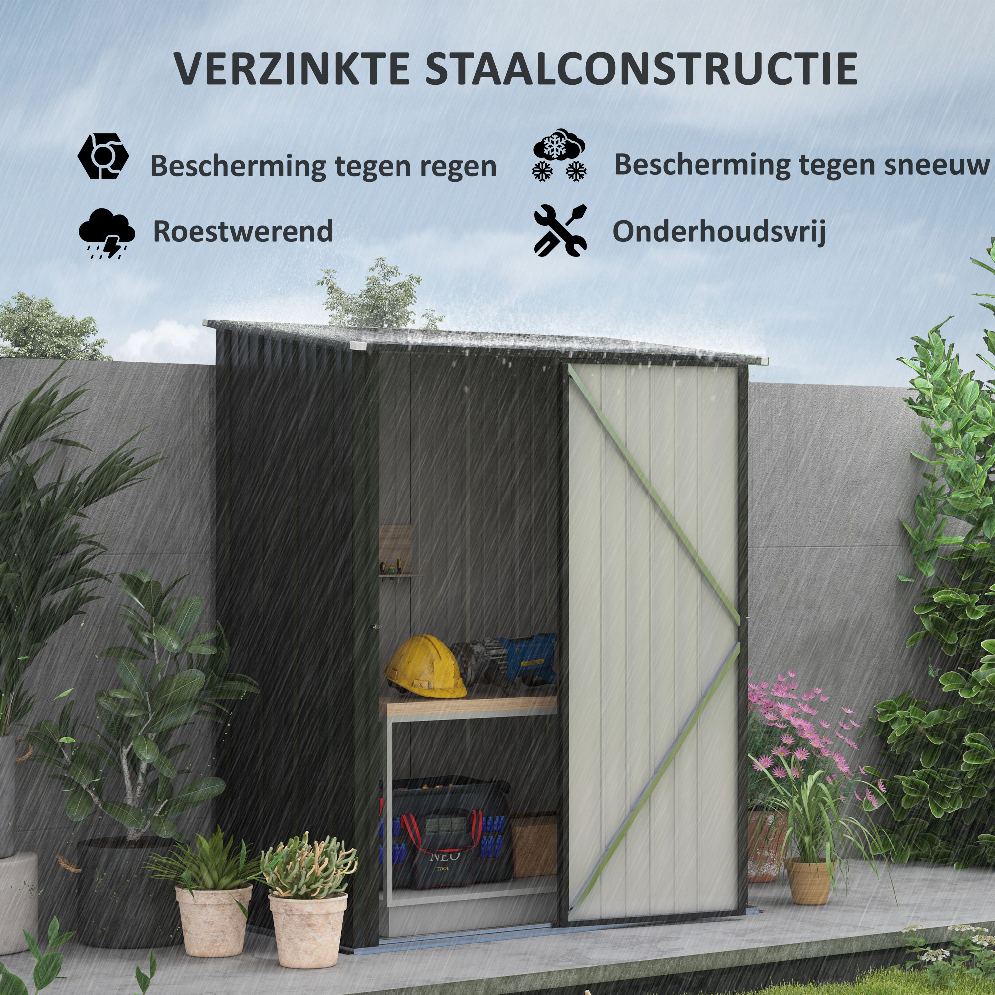 Outsunny Tuinschuur Gereedschapsschuur, afsluitbare deur, weerbestendig, incl. schappen, 161,5 cm x 94,5 cm x 196 cm, Zwart