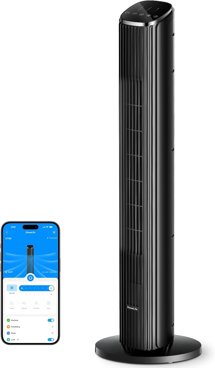 GoveeLife Black Tower Fan for Bedroom, 36" Smart Floor Fan with App/Voice Control, Temperature Sensor, 5 Modes 8 Speeds(25ft/s), 29dB Quiet Oscillating Fan for Office, 24H Timer, Auto Cooling