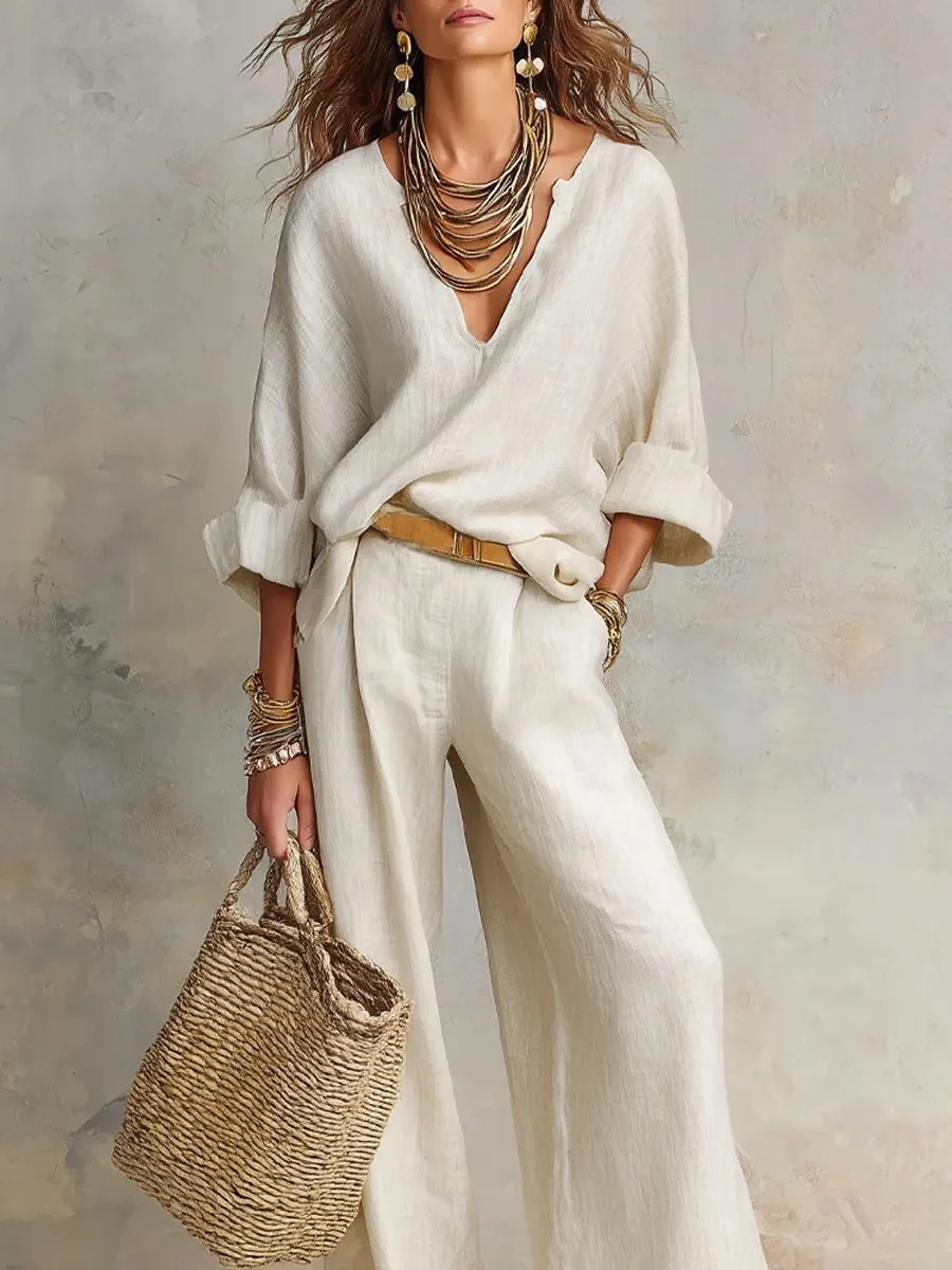 Women��s Two-Piece Pants Set Relaxed V-Neck Wide Leg Style