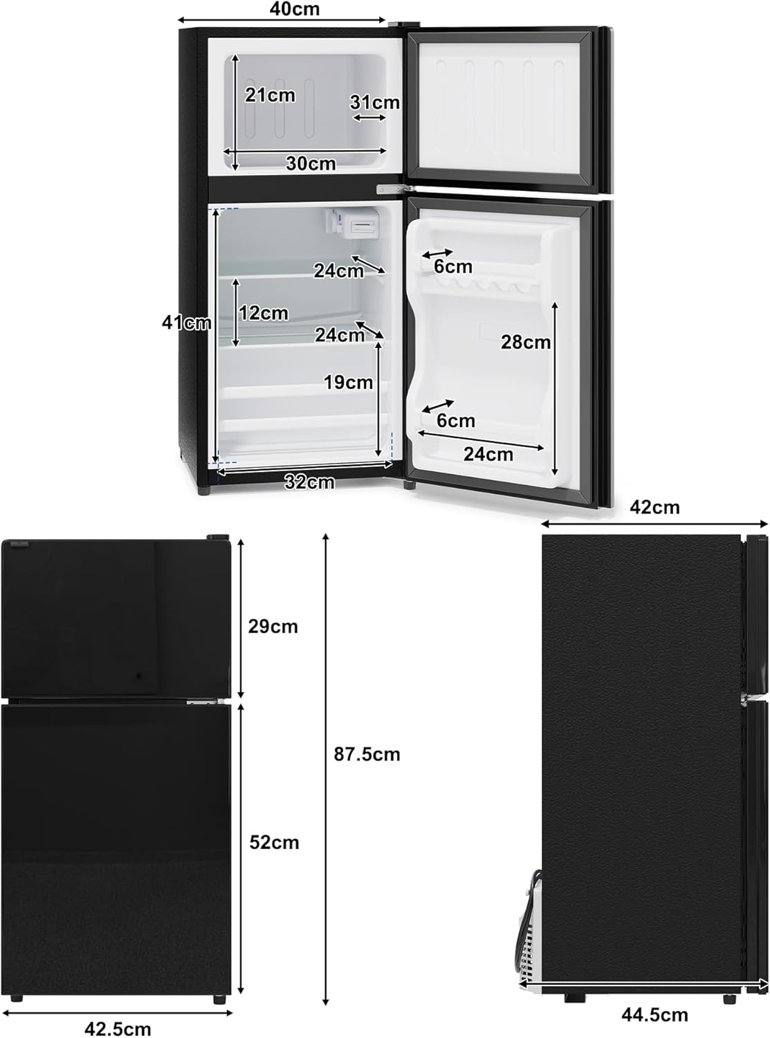 Merax Kühlschrank mit Gefrierfach, 60L Kleiner Kühlschrank, kompakt, Glastür, LED-Innenbeleuchtung, manuelle Temperaturregelung, Glasablagen, 45 dB(A), Mini Fridge für Studentenwohnheim Büro, Schwarz