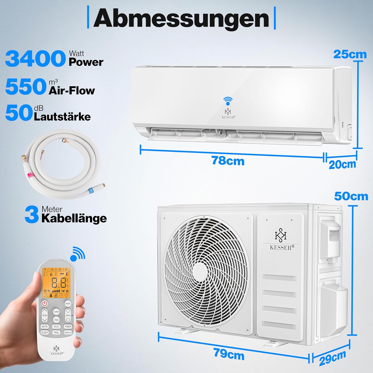 KESSER® Klimaanlage SET Split - mit WiFi/App Funktion Klimagerät - Kühlen A++/ Heizen A+ -12000 BTU/h (3.400 Watt) Sehr Leise, Kältemittel R32 - Fernbedienung, Timerfunktion - Inkl. Montagematerial