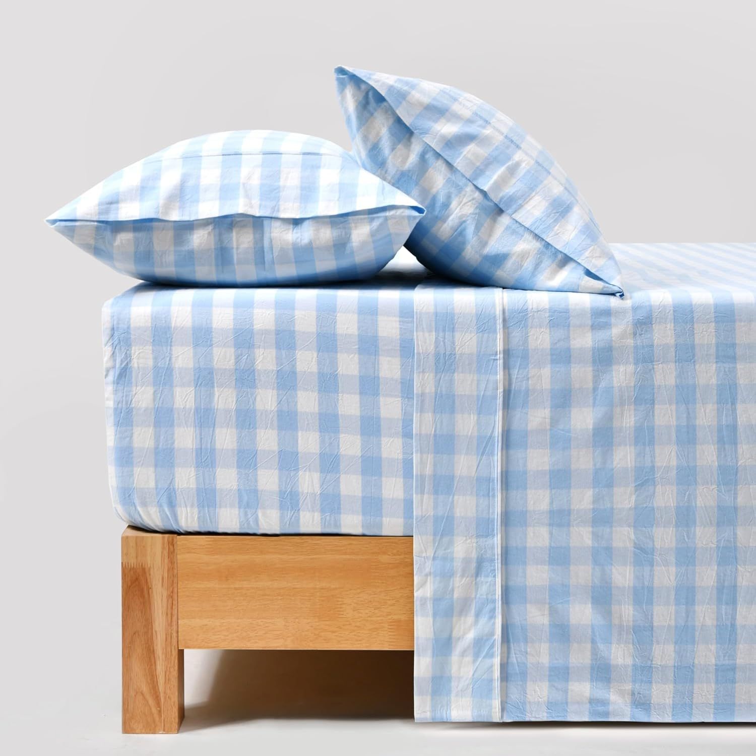 Dreamaker Sky Blue Gingham Double Sheet Set - Breathable, Ultra Soft Cotton Bedding