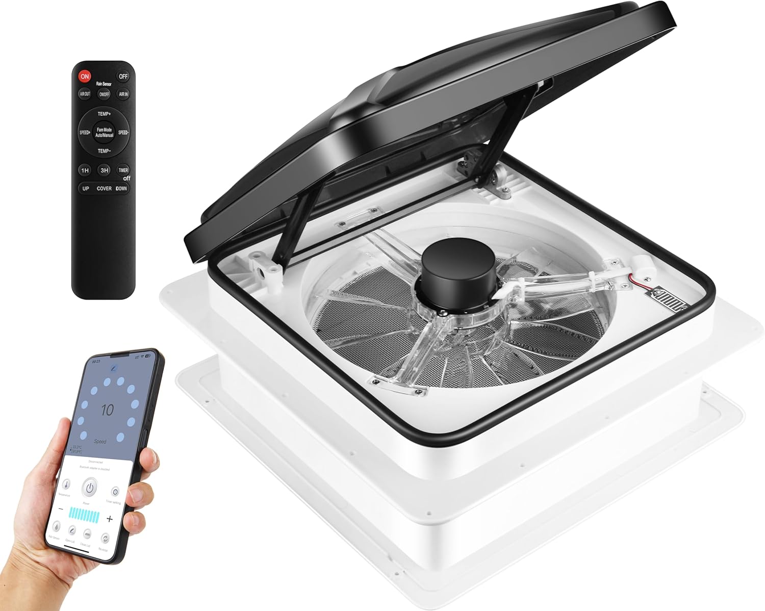 MaxxAir 10 Speed Roof Vent Fan 12V with Thermostat, Rain Sensor, Remote & App Control, 14&prime;&prime;x14&prime;&prime; Reversible Powered Lift