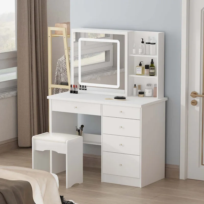 White Makeup Vanity Set with LED Mirror and Stool - 39.4 Wide