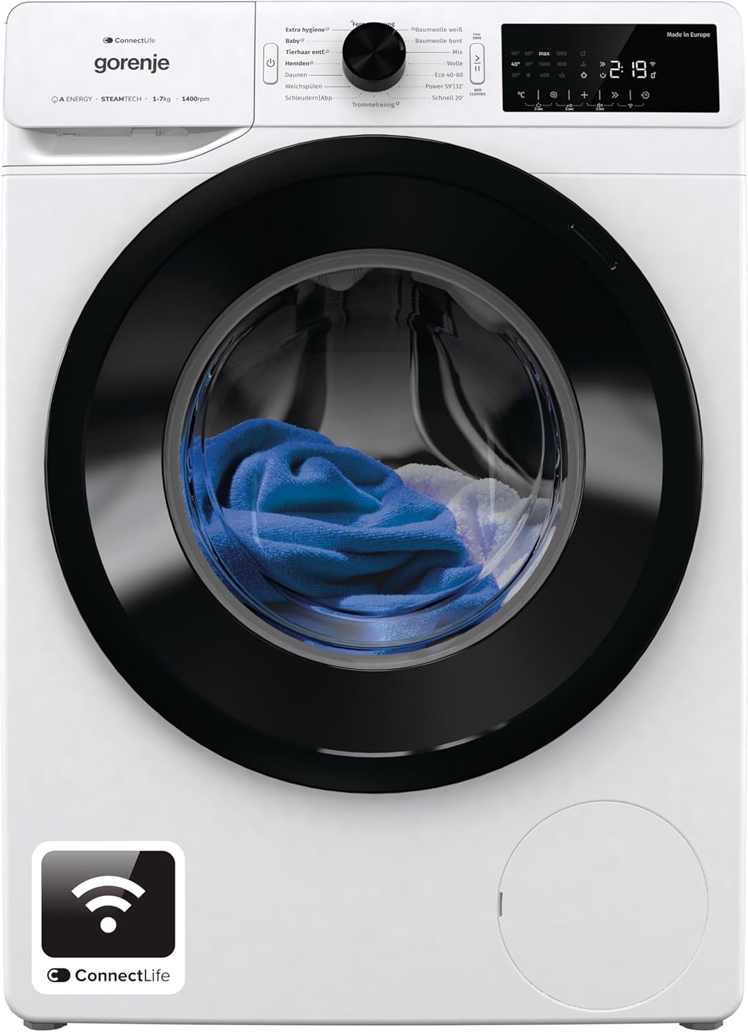 Gorenje WPAM74A1T Waschmaschine mit Dampffunktion/ConnectLife / 7Kg / 1400 U/min / 15 Programme/Totaler AquaStop/Wave Active Trommel/ExtraHygiene/PowerWash/Schnell Waschgang/EEK: A-10%