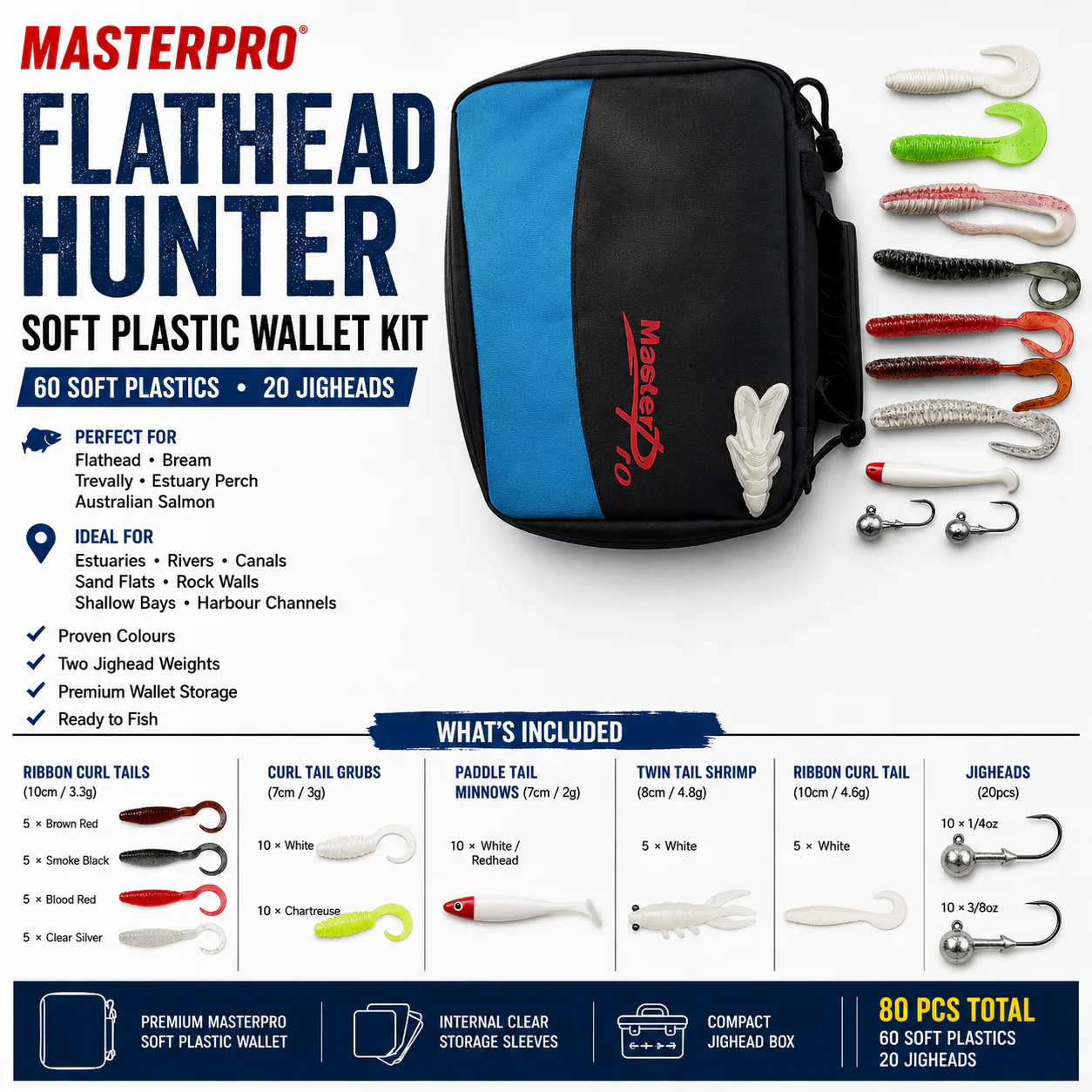 MasterPro Flathead Hunter Soft Plastic Wallet Kit  60 Soft Plastics �?20 Jigheads �?Premium Wallet �?Ready to Fish