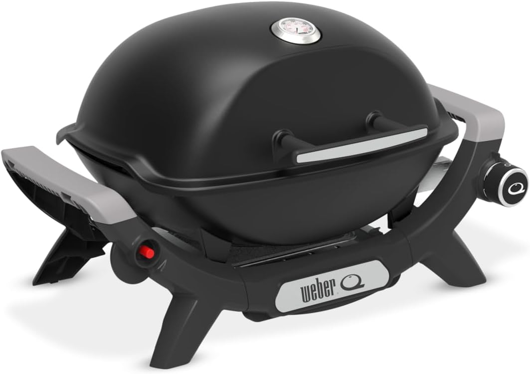 Weber Q 1100N Gasgrill/Tragbarer, leichter Grill für Camping, Terrassen und Balkone mit Hochleistungsbrenner, porzellanemaillierten Gussrosten und elektronischer Zündung, Mitternachtsschwarz