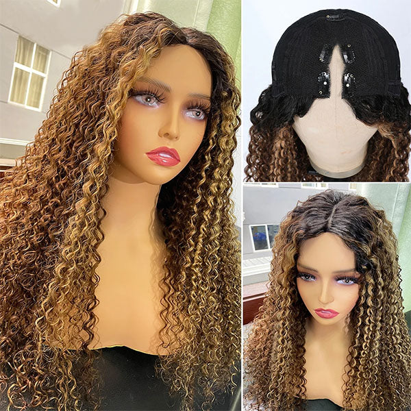 Clearance #4/12 Highlight V Part Curly Glueless Wig With Dark Roots Honey Blonde Human Hair Wig Beginner Friendly