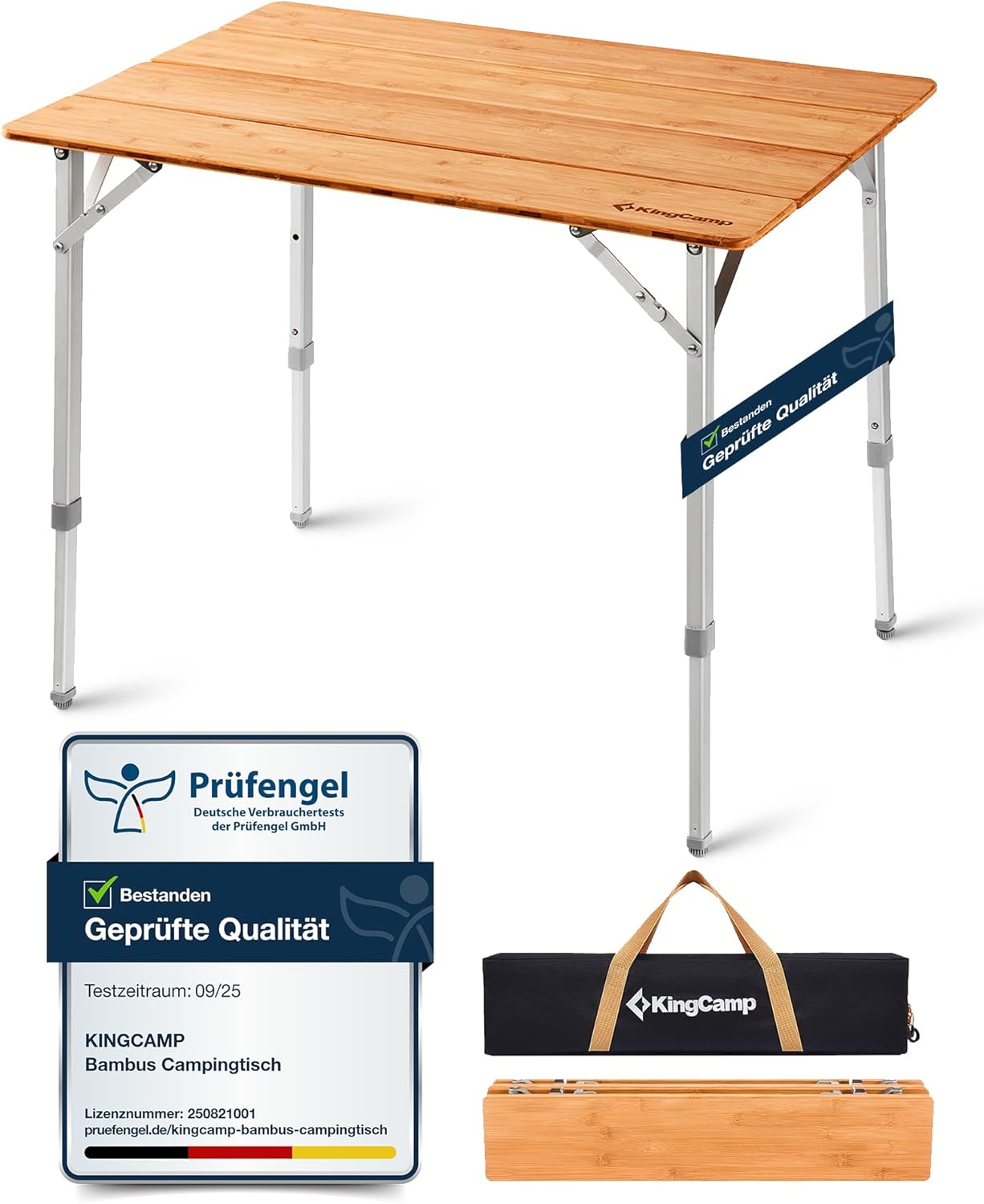 KingCamp Campingtisch Bambus Klapptisch höhenverstellbar (45/52 / 65 cm) für 4-6 Personen Campingtisch klappbar 4 Falten mit Tragetasche belastbar bis 80 kg,100 x 65 cm,L
