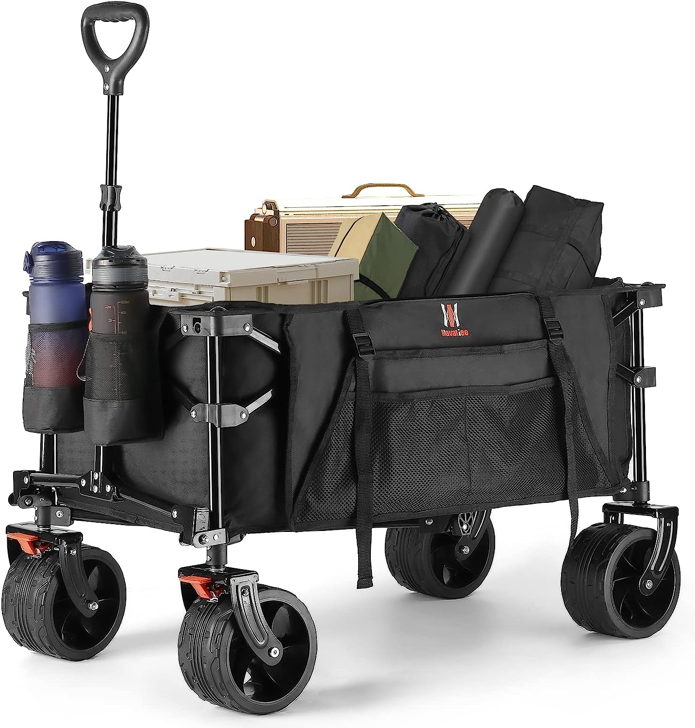 Navatiee Collapsible Folding Wagon Beach Wagon Cart Heavy Duty Foldable with Big Wheels Utility Grocery Wagon with Side Pocket and Brakes for Camping Garden Sports T1