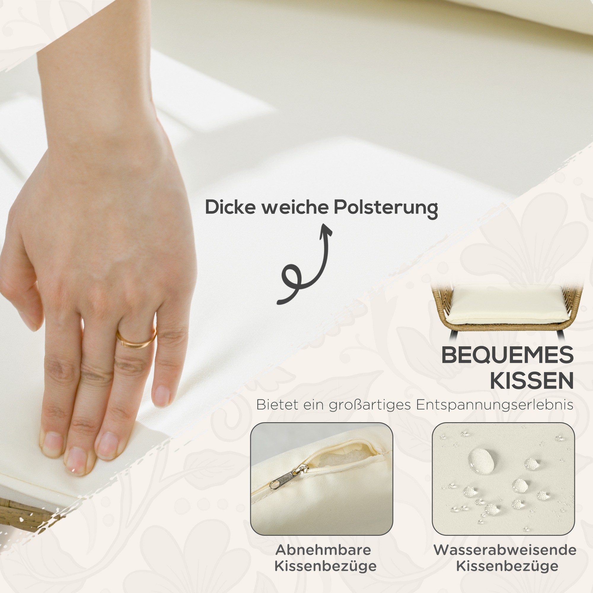 Outsunny Lounge-Set Rattan Zitgroep, Buitenmeubelset in Boho-stijl, 5-delig, 145 x 70 x 78 cm, Crème + Natuur + Zwart