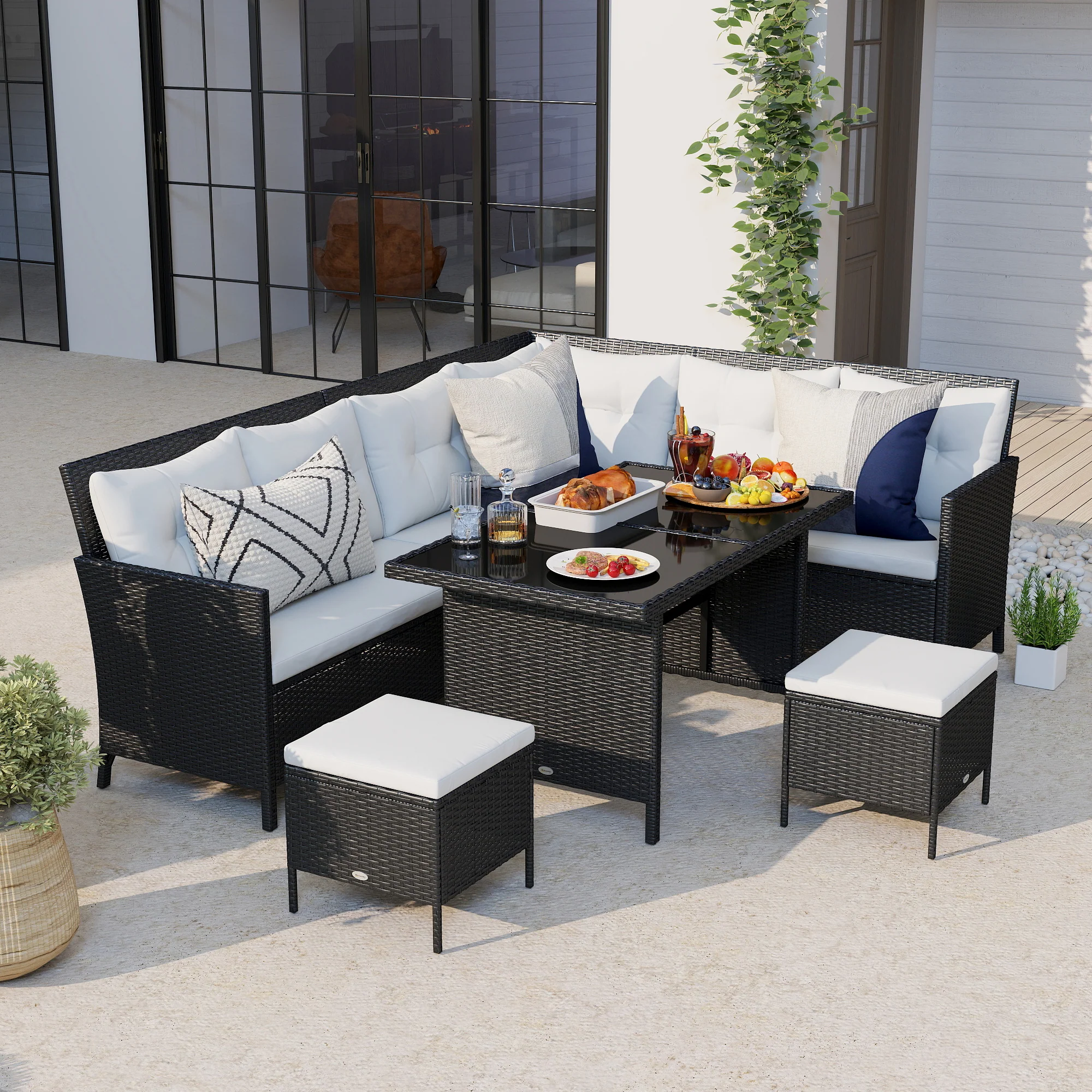 Outsunny 18-delige poly-rotan zitgroep bankstel tuinset fauteuil krukkenset
