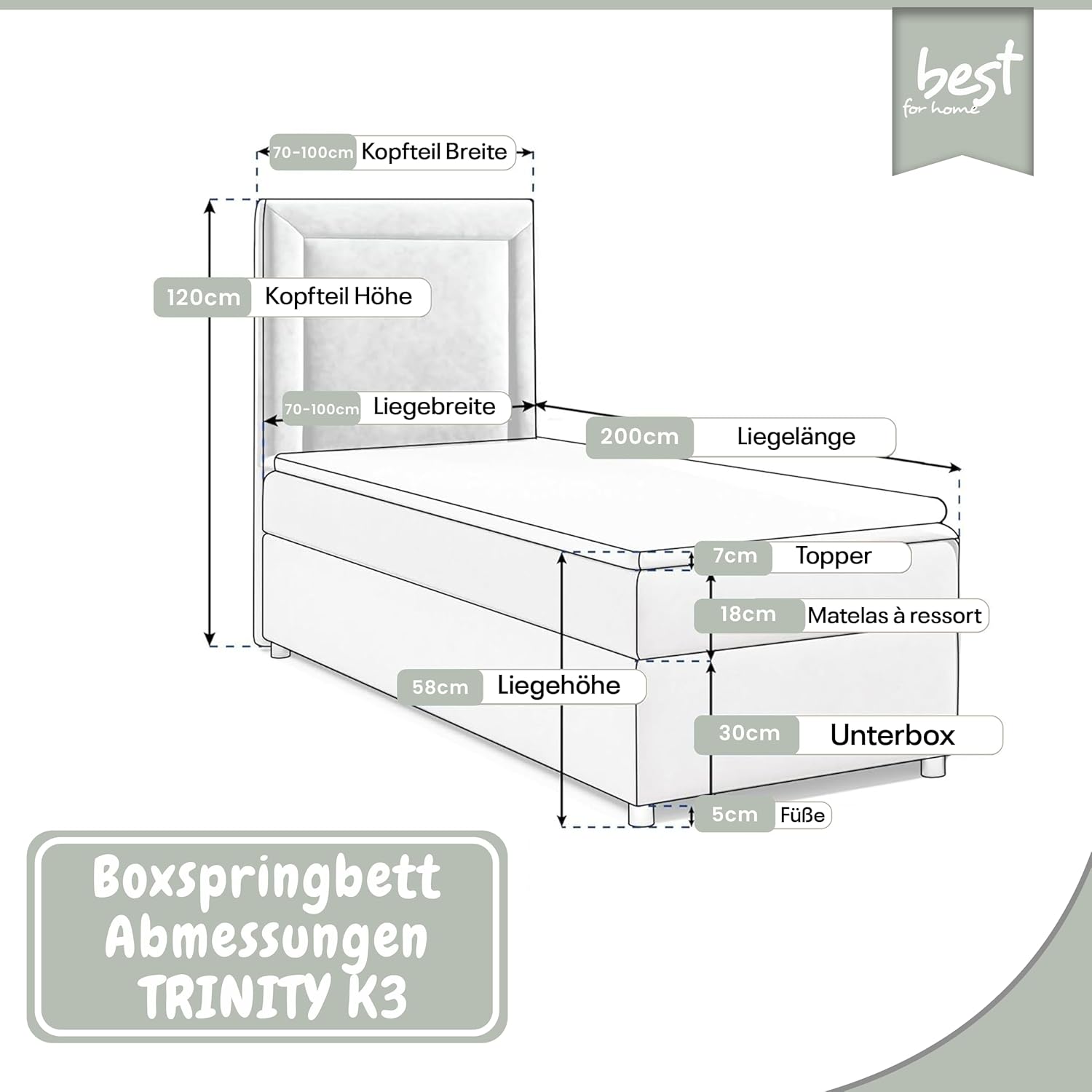 Trinity K3 Einzelbett | Boxspringbett 70x200 mit Bonnell-Federkernmatratze | MatratzenTopper 70x200 | Bett mit Matratze und Stauraum | Lieferung an die Bordsteinkante