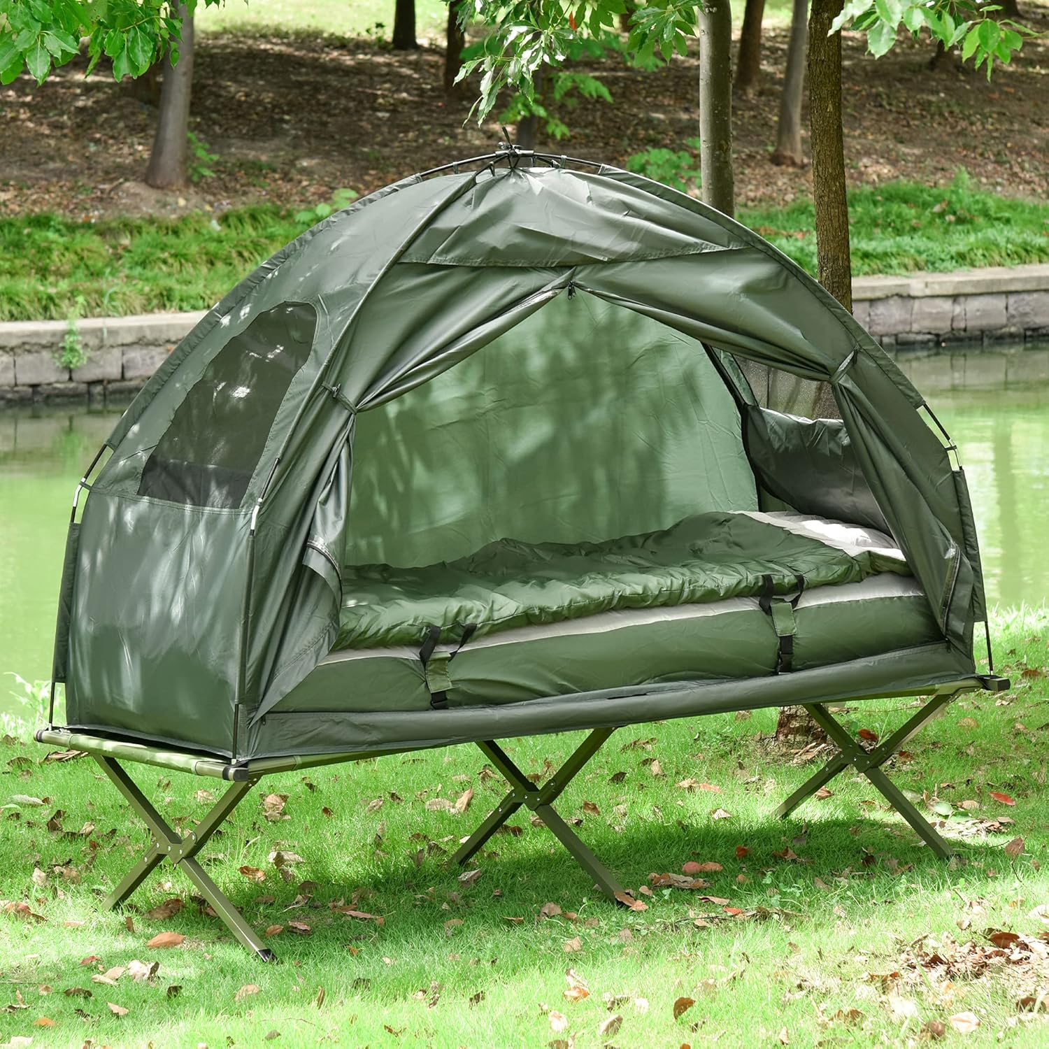 Outsunny Veldbed 4-in-1 Camping Set met Tent Slaapzak Matras opvouwbaar, Donkergroen