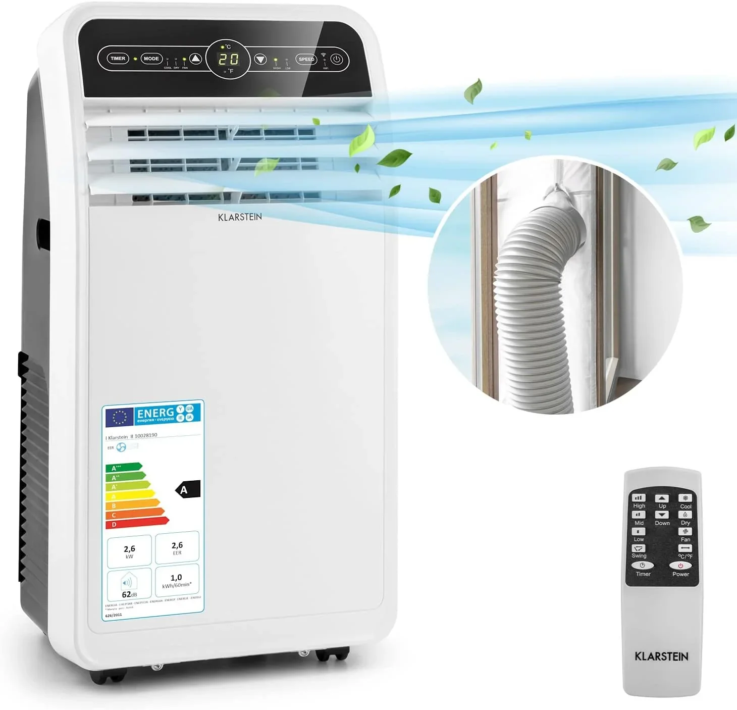 Klarstein mobil légkondicionáló elszívótömlővel, 4 az 1-ben klímaberendezés ventilátorral, párátlanítóval és éjszakai üzemmóddal, kicsi és hordozható légkondicionáló lakásokba és irodákba, alacsony fogyasztás, 9000 BTU