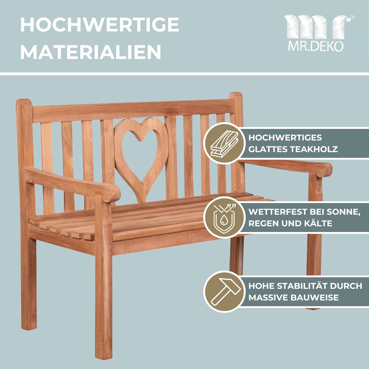 Gartenbank Motiv Teakholz | Holzbank mit Lehne | Friesenbank für draußen | 2-Sitzer 120x60x94 cm | Sitzbank Teak massiv & wetterfest Garten Balkon Terrasse | Parkbank zum Relaxen (Herz)
