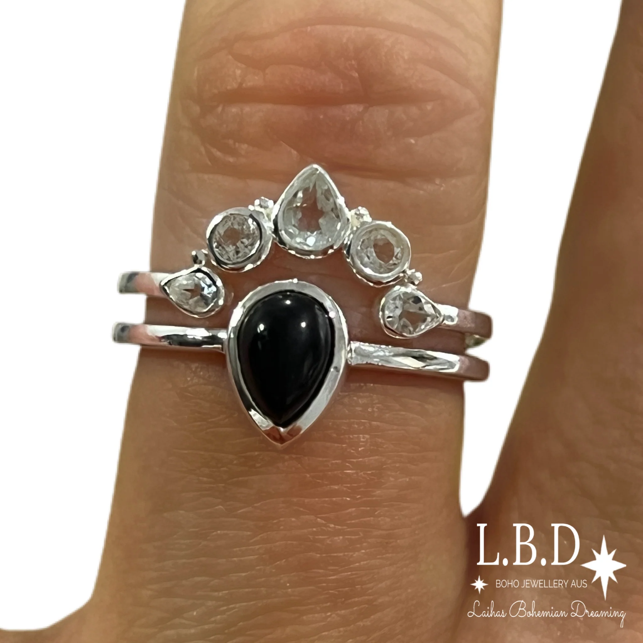 Laihas Queen Of Cups Topaz and Onyx Ring Set