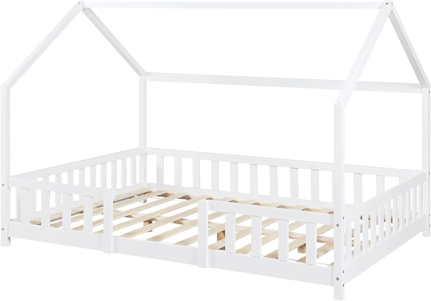 [en.casa] Letto per bambini Sisimiut a capanna 80 x 160 cm con protezione anticaduta letto in legno per bambini letto a terra rete a doghe in legno di pino Bianco opaco
