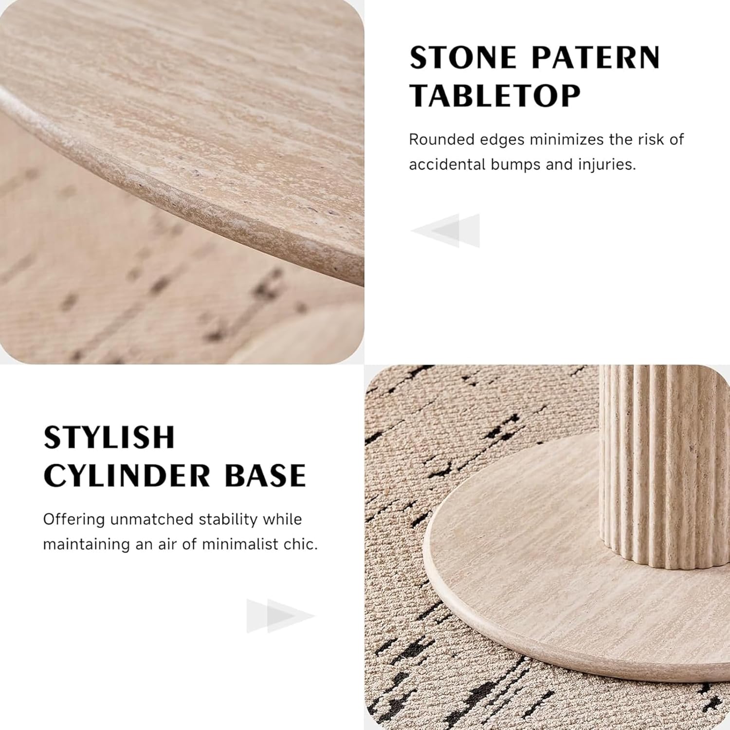 115cm Runder Esstisch mit 4 Esstischstühlen, Küchentisch aus MDF (Travertin-Maserung) und 4 Stühle für Küche, Esszimmer, Wohnzimmer und Büro (Beige)