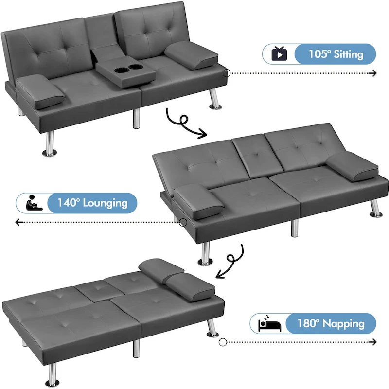 Yaheetech Faux Leather Convertible Futon Sofa Bed 3-In-1 Adjustable Futon Couch