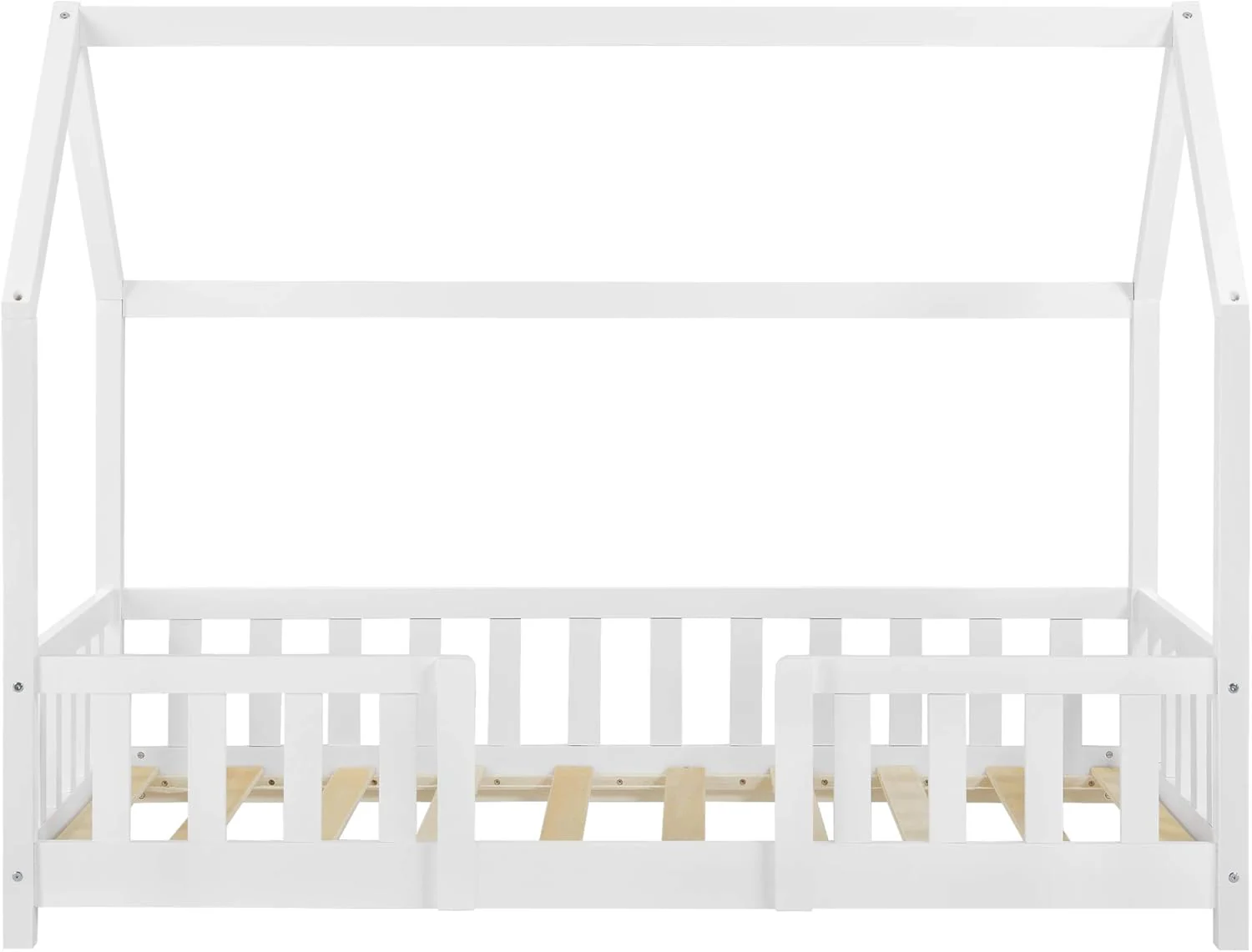 [en.casa] Letto per bambini Sisimiut a capanna 80 x 160 cm con protezione anticaduta letto in legno per bambini letto a terra rete a doghe in legno di pino Bianco opaco