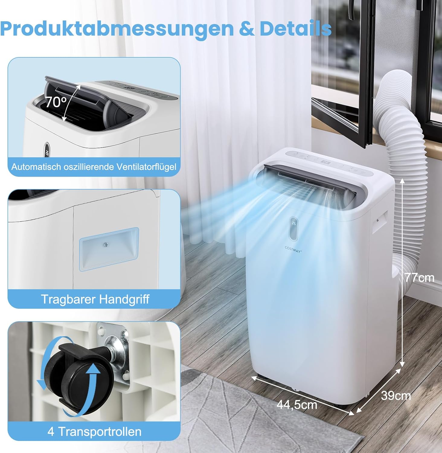 COSTWAY Klimaanlage mobil 16000BTU, Klimagerät mit Abluftschlauch, 5 in 1 Kühlen & Heizen & Entfeuchten & Belüften & Schlafmodus für Räume bis zu 150 m³, Fernbedienung/App, 24H Timer, 4700W, ≤57dB