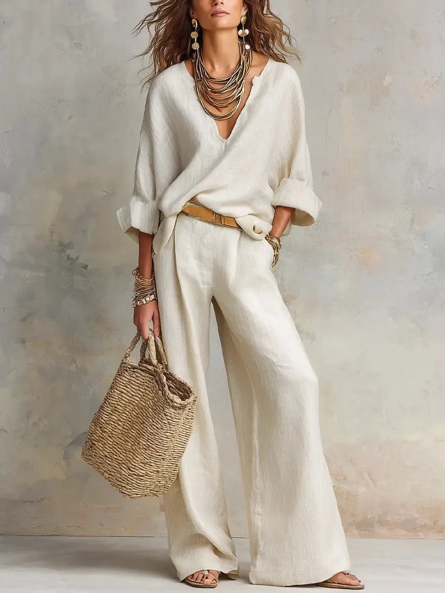 Women��s Two-Piece Pants Set Relaxed V-Neck Wide Leg Style