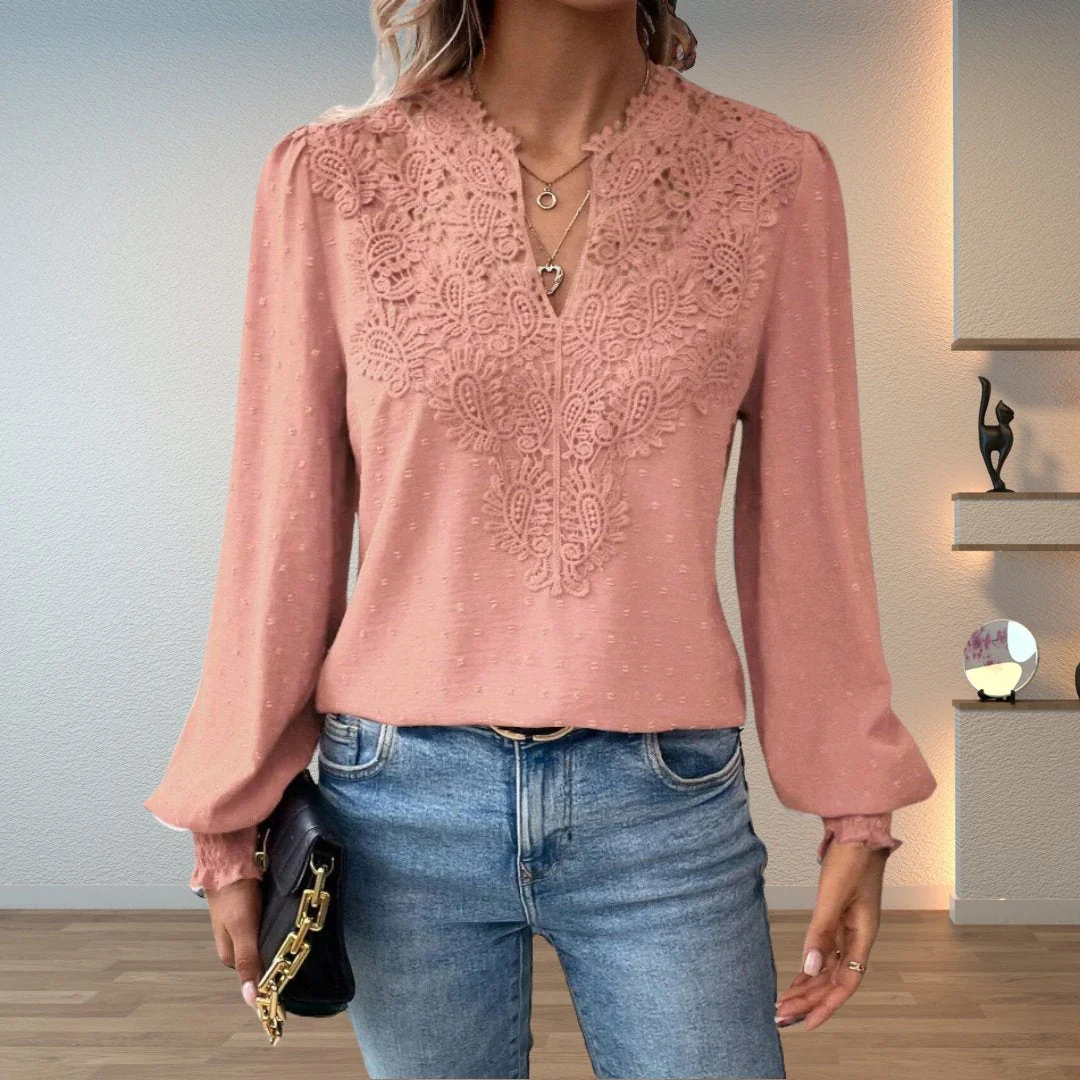 Women��s Lace-Bodice V-Neck Blouse with Smocked Cuffs and Long Sleeves