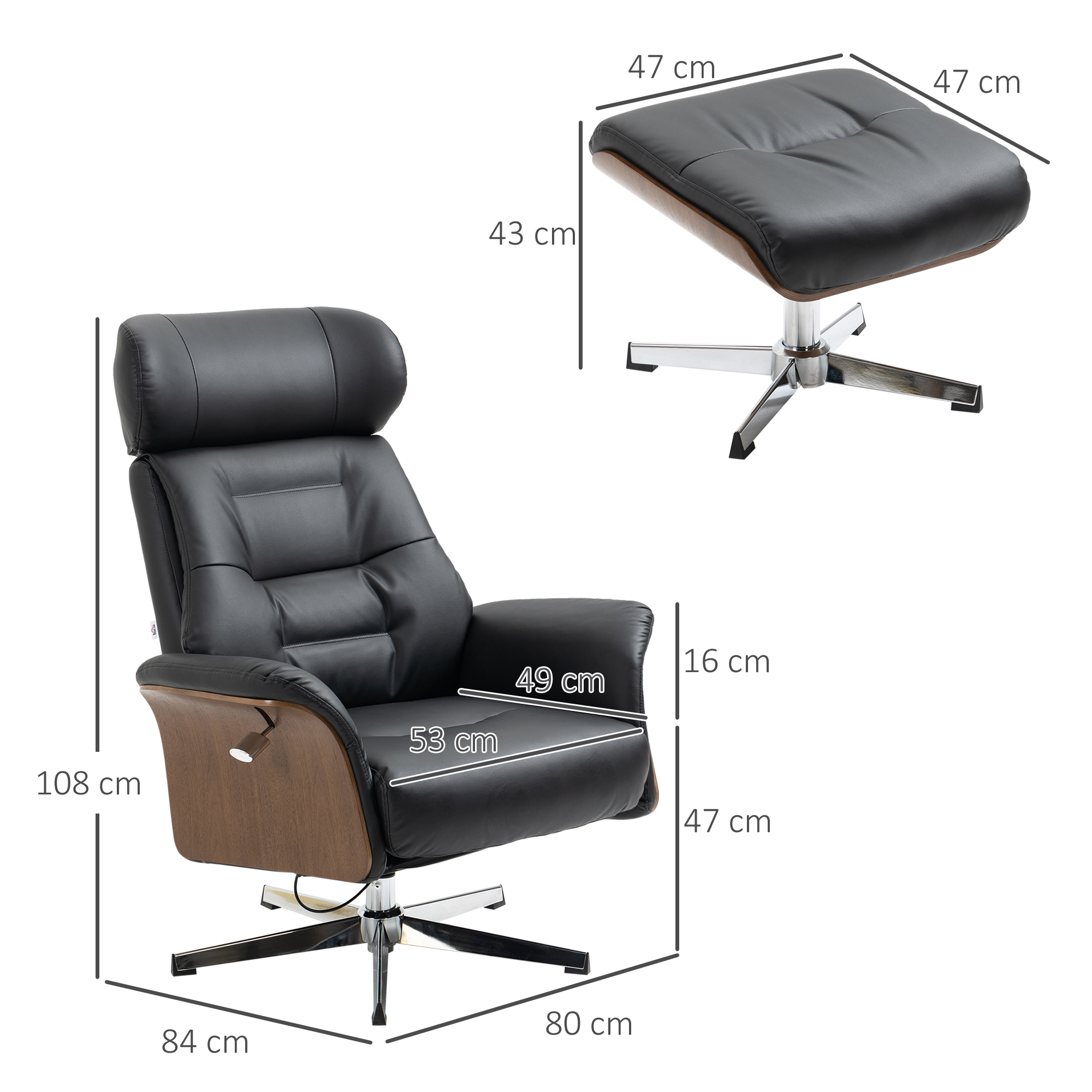 HOMCOM Fauteuil met voetenbank, 360° draaibaar, ligfunctie, leesstoel, zwart, 80 x 84 x 108 cm