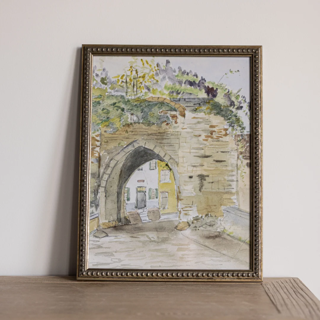 Vintage Watercolor Painting Ancient Stone Scenery Framed Art