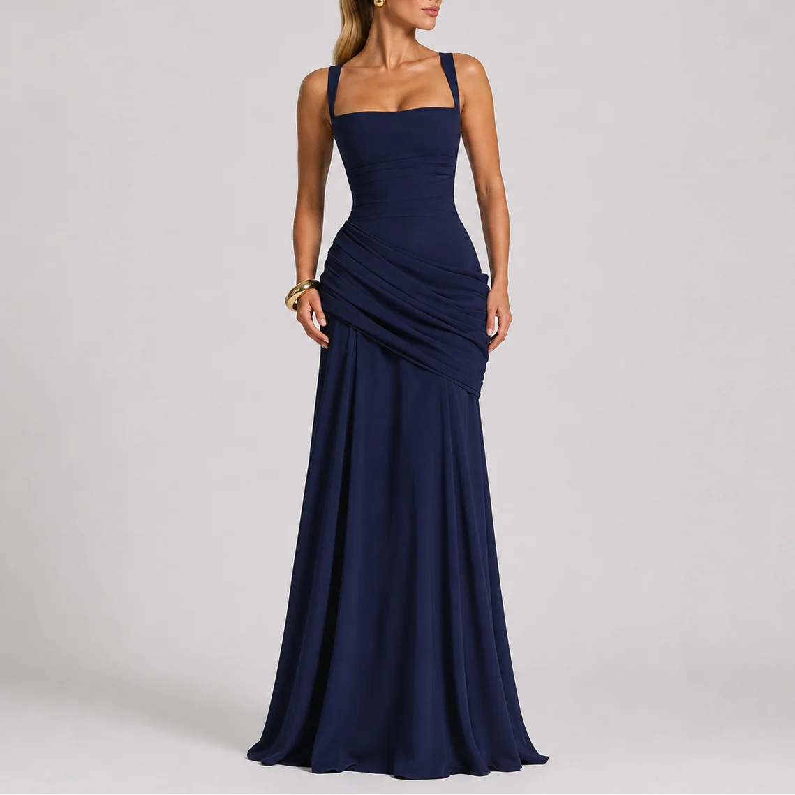 Women��s Maxi Evening Dress with Ruched Waist and Square Neckline