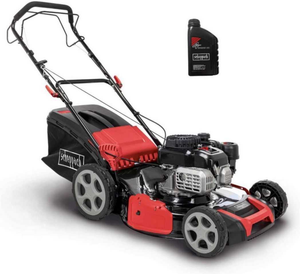 Tondeuse à gazon thermique Scheppach MS180-51 – Largeur de coupe 51 cm – Moteur à essence 4 temps 4,0 kW – 5,4 CV – Jardin jusqu'à 1600 m² – Hauteur de coupe réglable sur 8 positions – Huile moteur