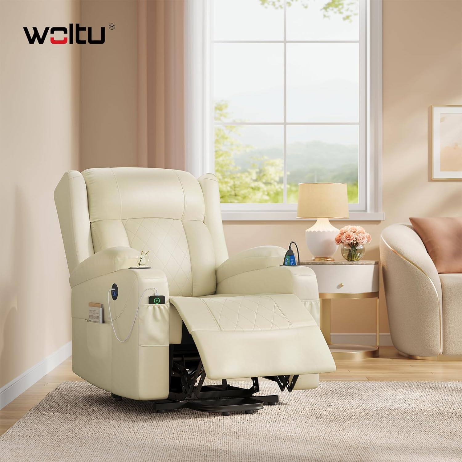 WOLTU Massagesessel, elektrisch verstellbar, mit Liegefunktion Aufstehhilfe, Massage Heizung Fußstütze Seitentaschen Becherhaltern USB-Port, Kunstleder, Beige